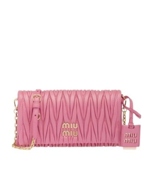 Miu Miu Pink Matelassé Logo Detailed Foldover Shoulder Bag