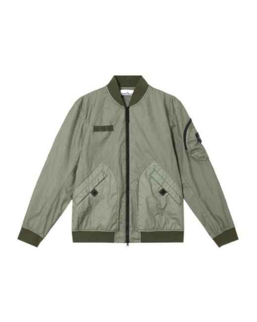 Stone Island Green Lightweight Crinkled Texture Bomber Jacket With Flap Pockets for men