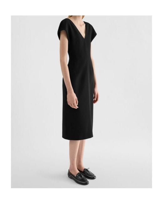 Jil Sander Black Wool Sablé V-Neck Dress