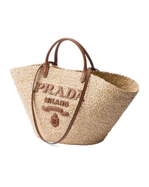 Prada Natural Logo-Appliqué Woven Top Handle Bag