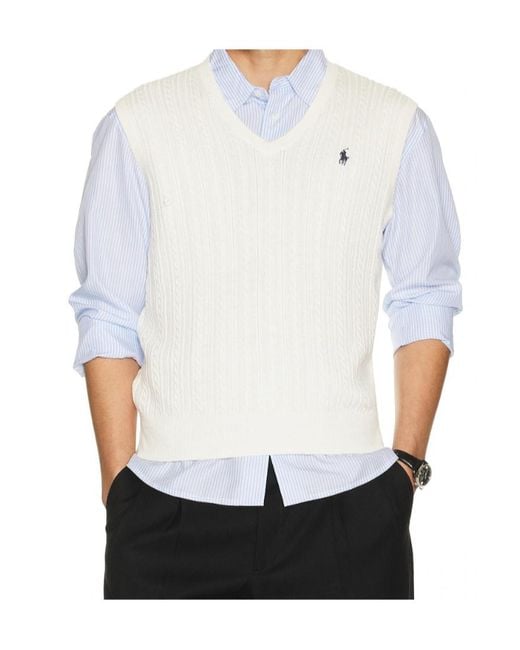 Polo Ralph Lauren White Sleeveless Featherweight Cable Knit V-Neck Sweater Vest for men