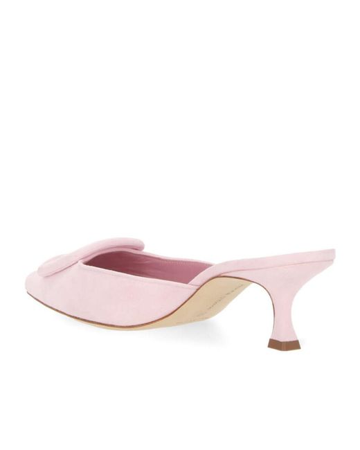 Manolo Blahnik Pink Buckled Pointed-Toe Mules