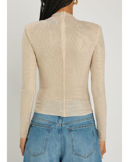 Self-Portrait Natural Crystal-Embellished Mesh Top
