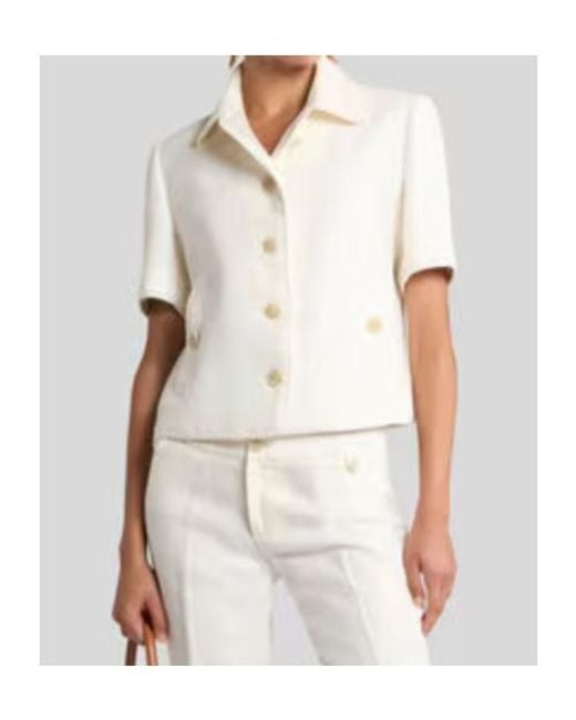 Etro White Short-Sleeved Cropped Linen Jacket With Pegaso Buttons