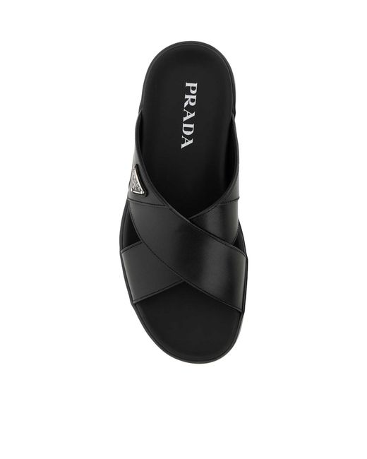 Prada Black Leather Crisscross Slides for men