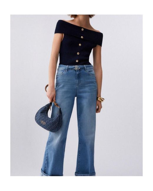 Liu Jo Blue Bardot-Neck Buttoned Top