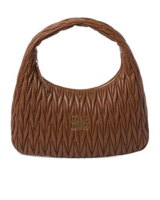 Miu Miu Brown Miu Wander Matelassé Nappa Leather Hobo Bag