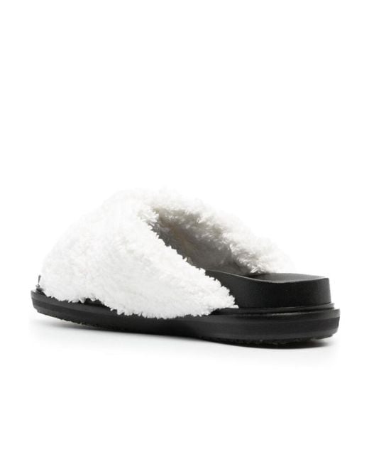Marni White Logo-Embroidered Shearling Sandals