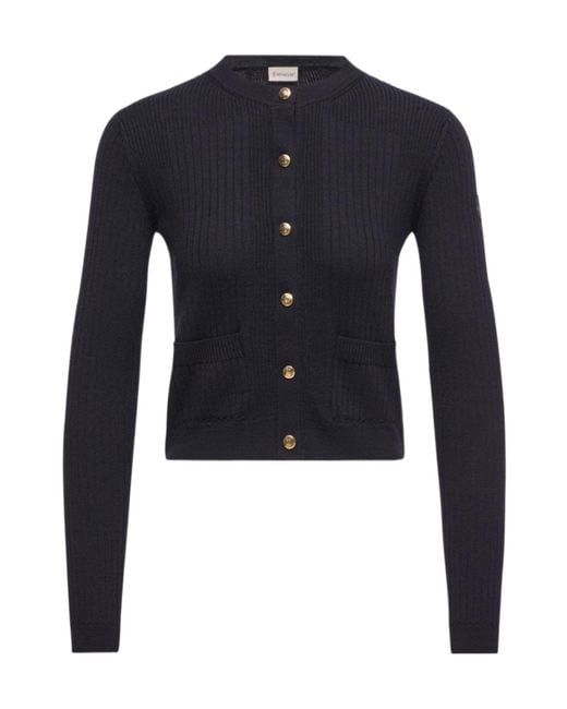 Moncler Blue Leather Logo Wool Blend Cardigan