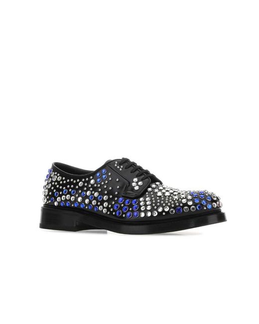 Prada Blue Brushed Leather Derby Shoes With Studs And Rhinestones for men