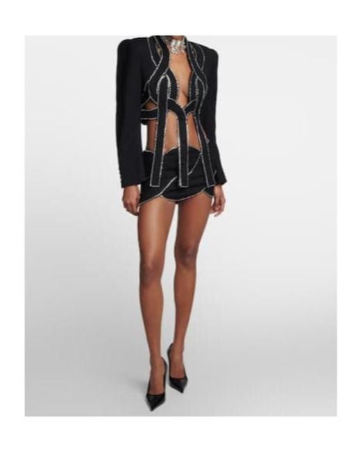 Area Black Latticed Embellished Wool Miniskirt