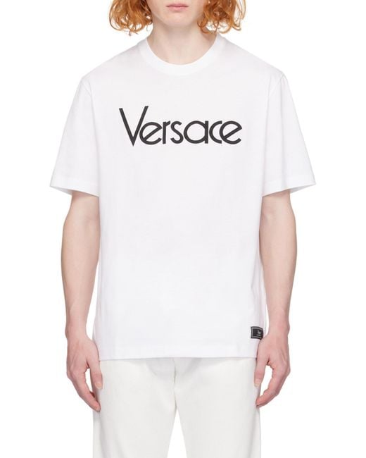 Versace White Logo Embroidered Crewneck T-Shirt for men
