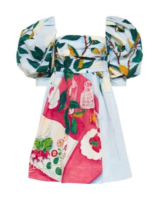Oscar de la Renta White Tablescape Puff-Sleeve Cotton Poplin Minidress