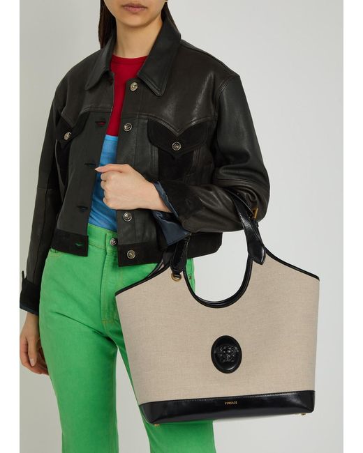 Versace White Large Leather And Canvas Tote Bag