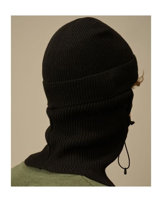 C P Company Black Ribbed Logo Balaclava Hat for men