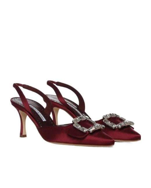 Manolo Blahnik Red Buckle-Embbellished Slingback Heeled Pumps
