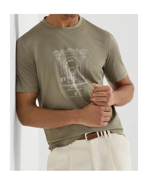 Brunello Cucinelli Green Cotton Jersey Crew Neck T-Shirt With Print for men