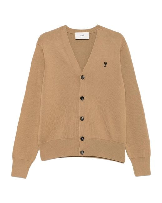 AMI Natural Logo-Embroidered V-Neck Cardigan for men