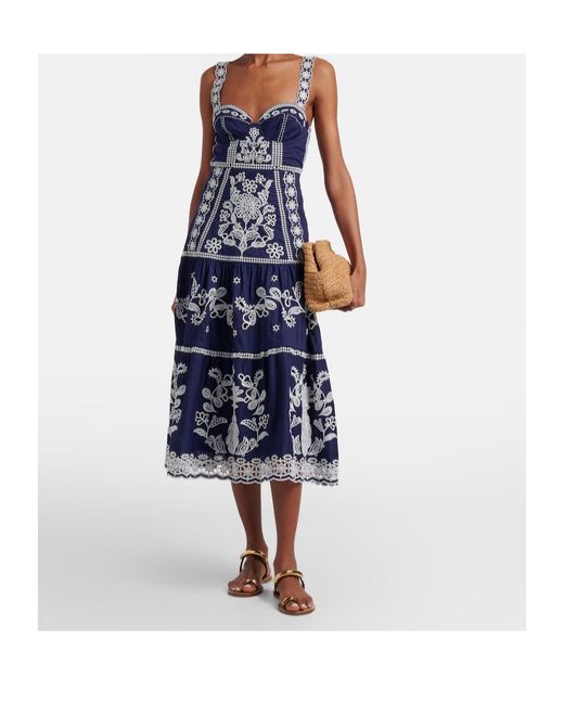 Farm Rio Blue Embroidered Cotton Midi Dress