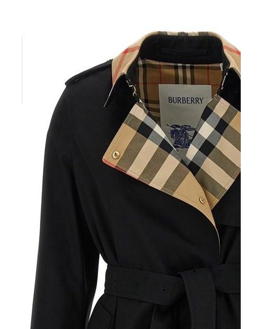 Burberry Black Long Check Collar Gabardine Trench Coat