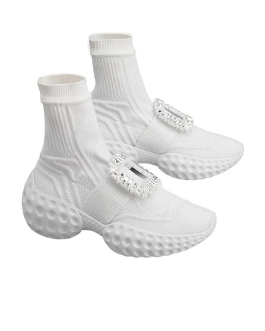 Roger Vivier White Viv' Run Light Socks Strass Buckle Ankle Boots