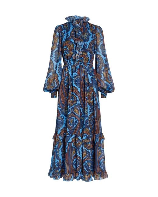 Etro Blue Print Ruffled Chiffon Maxi Dress