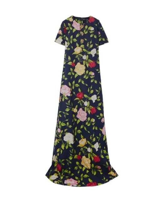 Oscar de la Renta Green Floral Print Dress