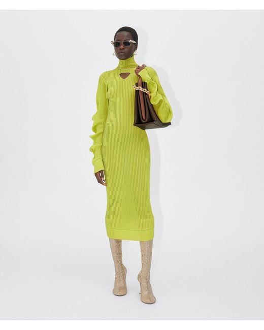 Bottega Veneta Yellow Turtleneck Cut-Out Rib-Knit Dress