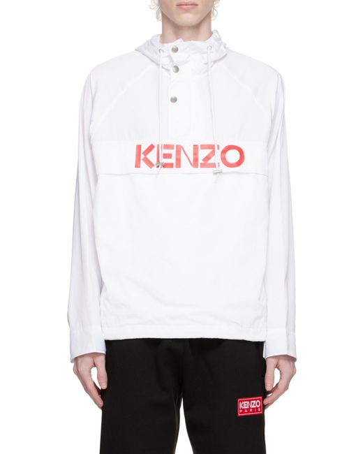 KENZO White Logo Printed Drawstring Hoodie for men