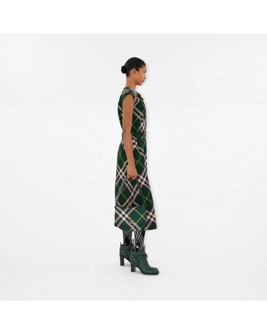 Burberry Green Check Motif Wool Midi Dress