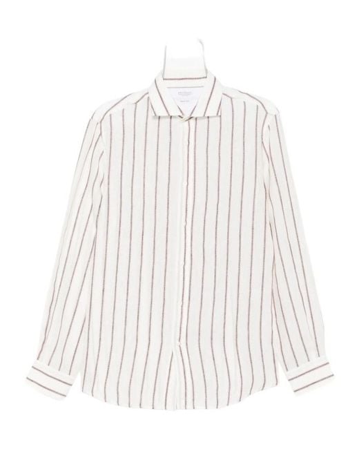 Brunello Cucinelli White Striped Linen Shirt for men
