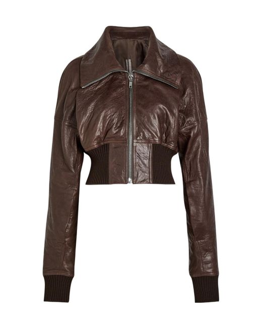 Rick Owens Brown Dracuflight Cropped Leather Bomber Jacket