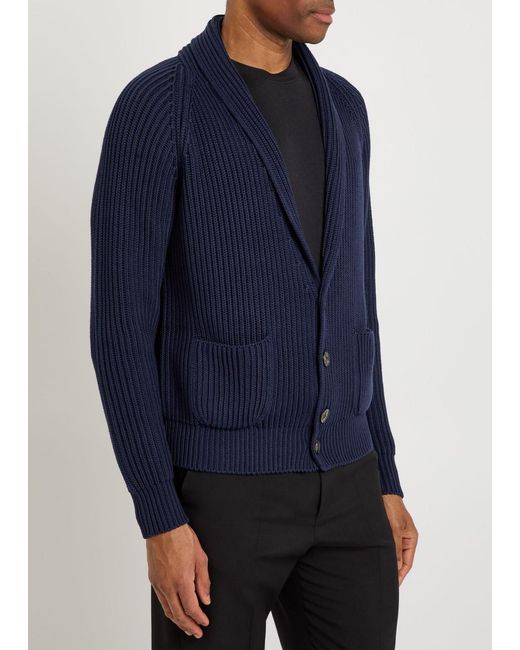 Tom Ford Blue Shawl-Collar Ribbed Cotton And Silk-Blend Cardigan for men