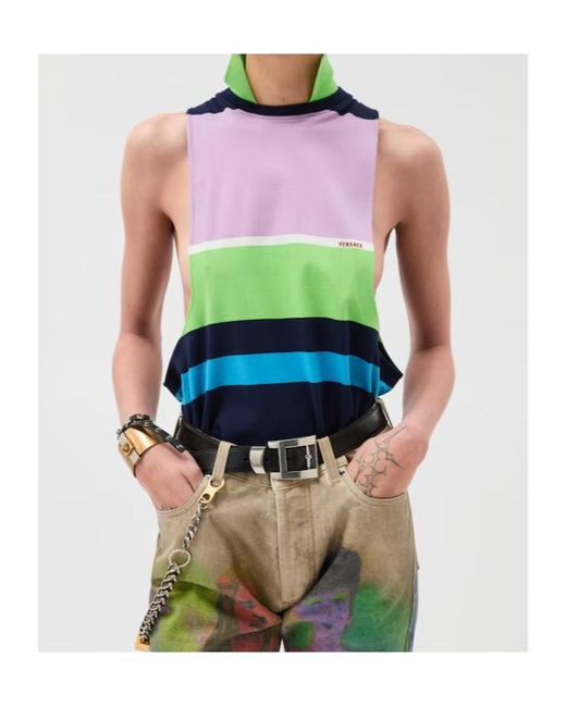 Versace Blue Embroidered Striped Tank Top