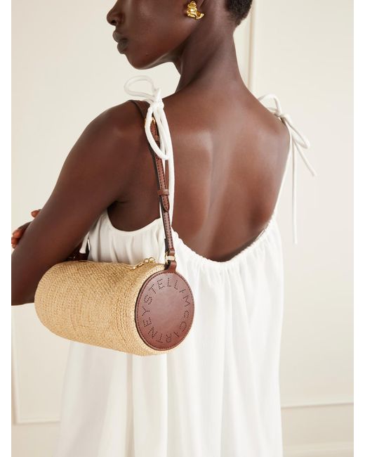 Stella McCartney Metallic Barrel Vegetarian Leather-Trimmed Raffia Shoulder Bag