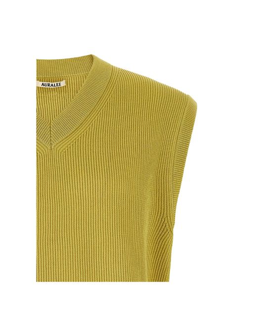 Auralee Green Ribbed-Knit V-Neck Vest for men