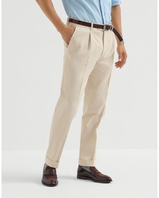 Brunello Cucinelli Natural Cotton And Virgin Wool Gabardine Trousers With Pleat for men