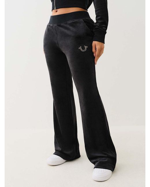 True Religion Black Velour Crystal Horseshoe Straight Leg Pant