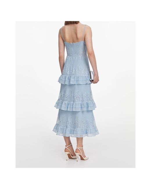 Self-Portrait Blue Lace-Trimmed Ruffled Midi Dress