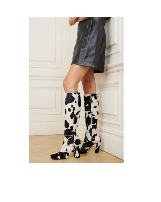 AMINA MUADDI Black Cow-Print Pony Hair Knee Boots