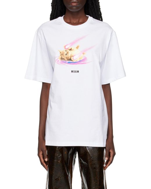 MSGM White 'Space Cat' Designs Cotton T-Shirt With Round Neck