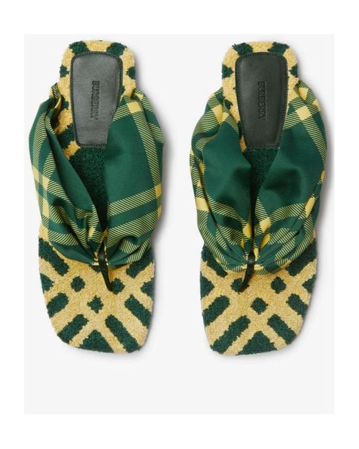 Burberry Green Checked Thong-Strap Pool Flat Slides