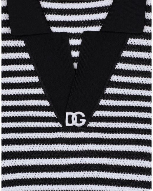 Dolce & Gabbana Blue Dg Logo Embroidered Striped V-Neck Polo Shirt for men