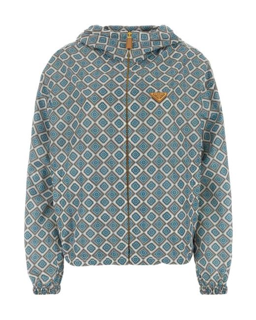 Prada Blue Geometric-Print Hooded Jacket