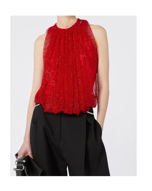 Sportmax Red Mesh Top With Crystals