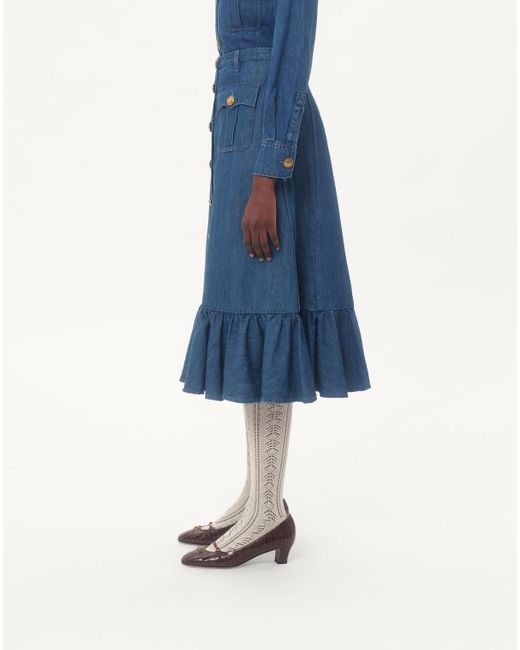 Valentino Blue Button Detailed Flared Hem Denim Skirt