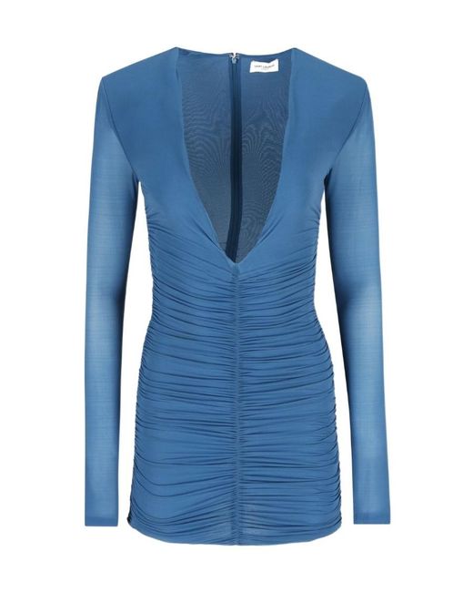 Saint Laurent Blue Draped V-Neck Long-Sleeved Dress