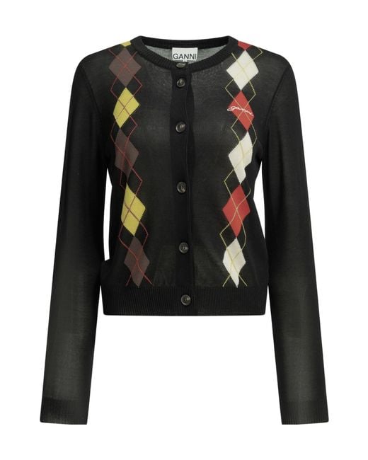 Ganni Black Argyle Buttoned Cardigan