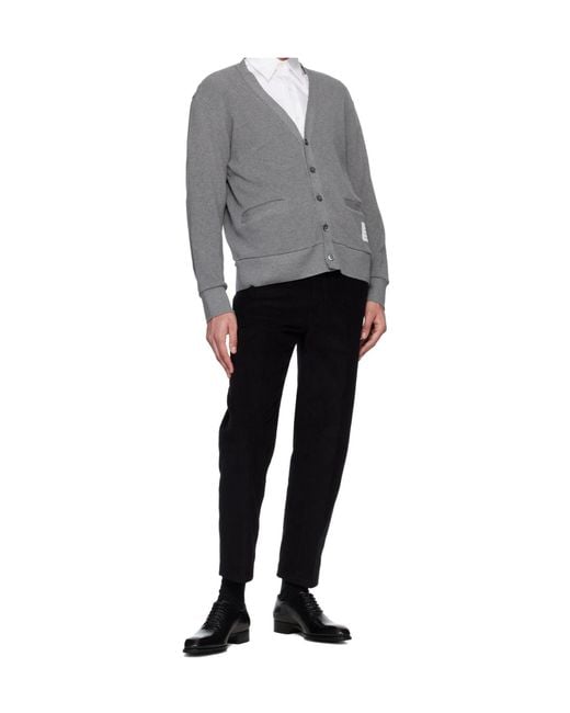 Thom Browne Gray V-Neck-Bar Intarsia Cardigan for men