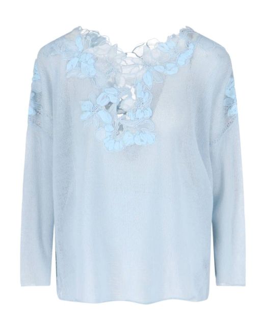 Ermanno Scervino Blue Top With Floral Appliqués